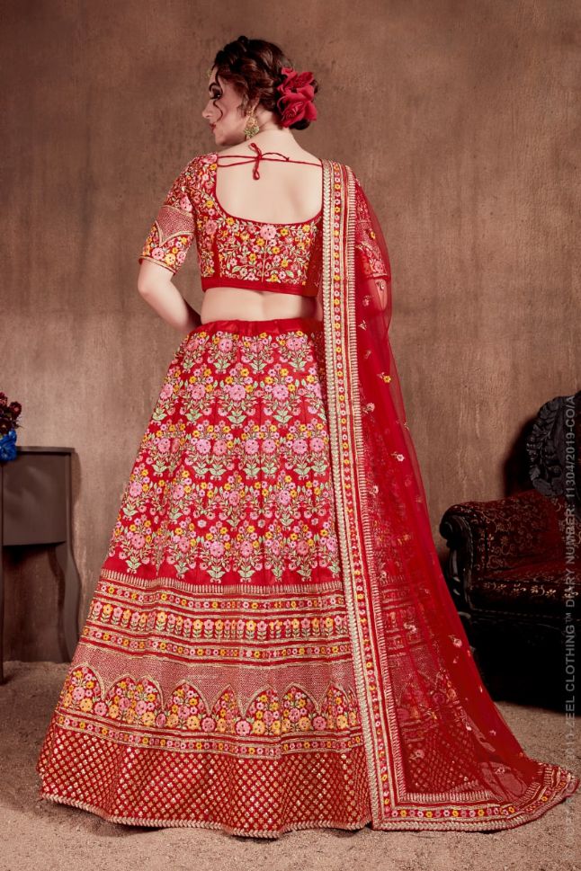 Red Mulberry Silk Sequins Embroidery Lehenga - Rent