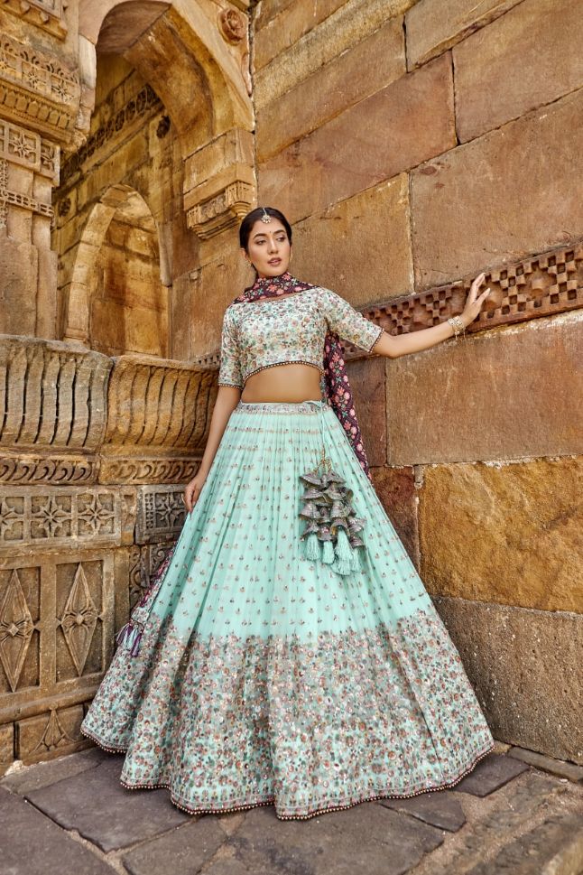Pista Green Color Heavy Embroidery Georgette Lehenga - Rent