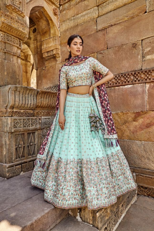 Pista Green Color Heavy Embroidery Georgette Lehenga - Rent