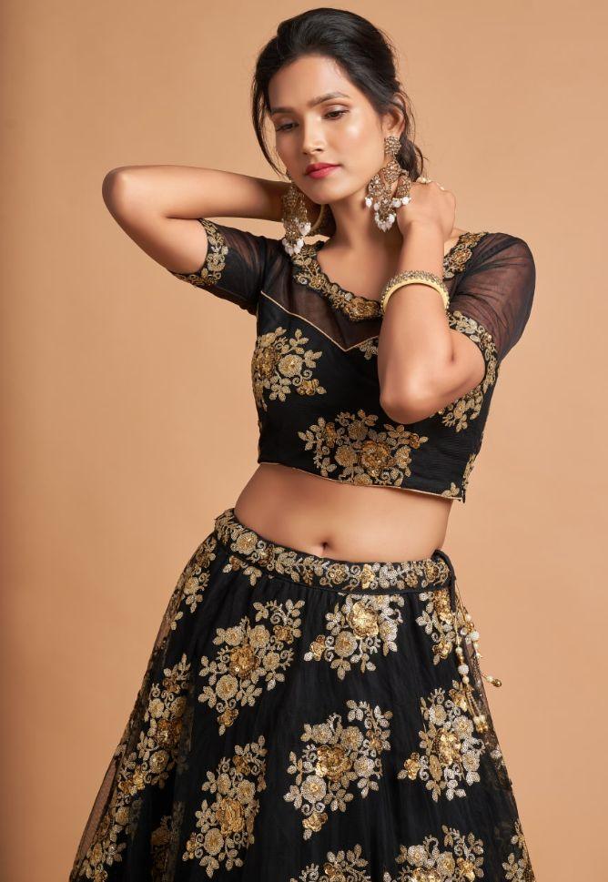 Buy Ink Black Lehenga Choli In Brocade Silk With Weaved Floral Jaal Online  - Kalki Fashion