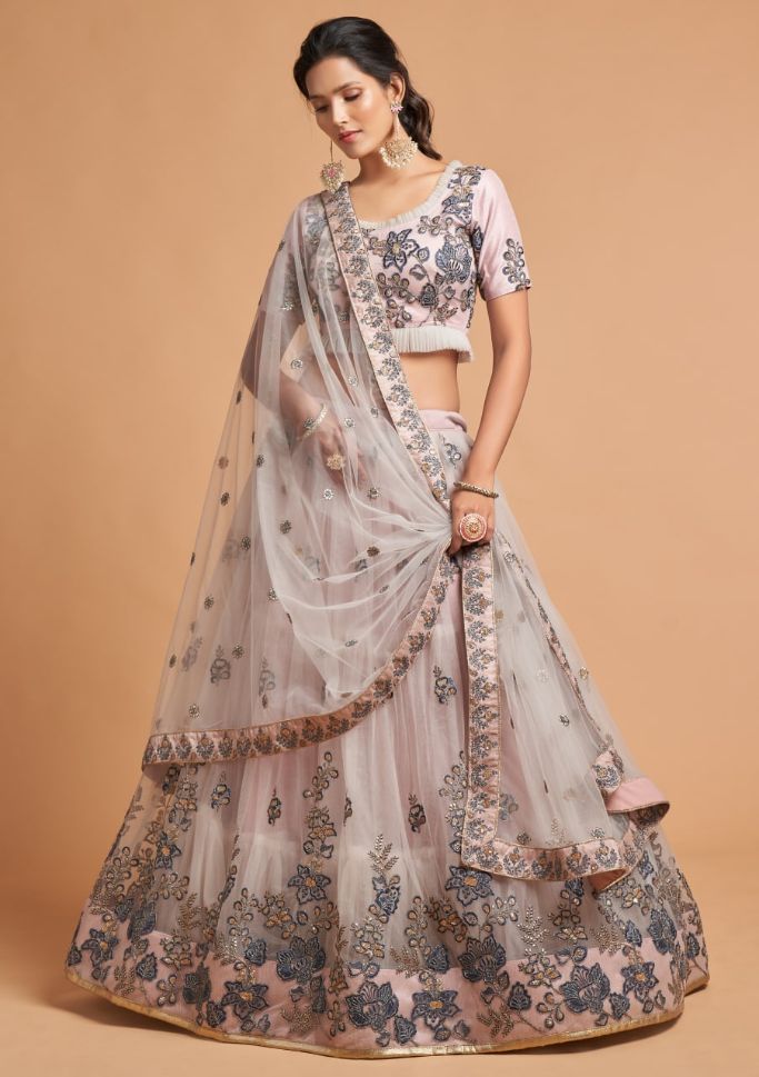 Grey Color Soft Net Zardosi Work Lehenga - Rent