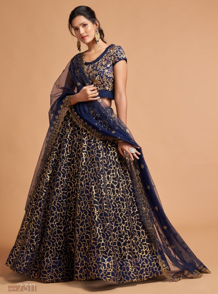 Elegant Blue Zari Embroidery Lehenga Choli - Rent