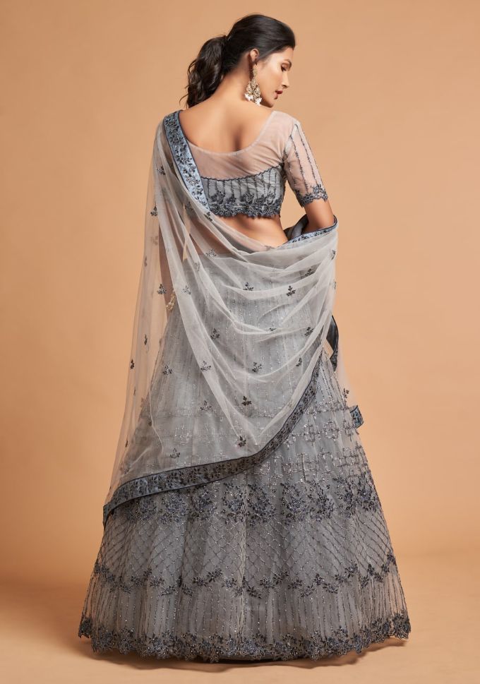 Grey Floral Designer Zari Embroidery Lehenga Choli - Rent