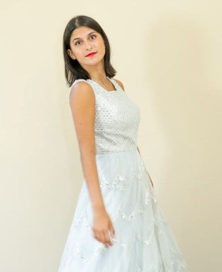 Rent Sky blue Net Full embroidered Gown