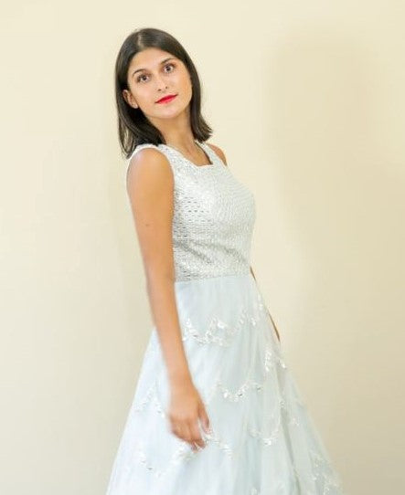 Rent Sky blue Net Full embroidered Gown - Glamourental