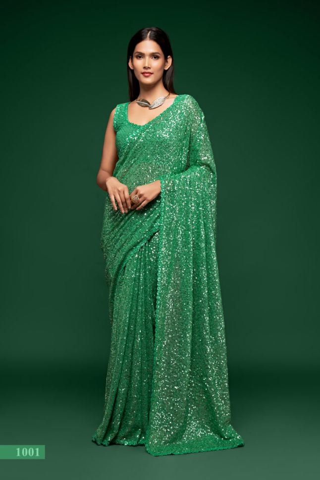 Green Color Sequined Georgette Party Wear Saree - Rent