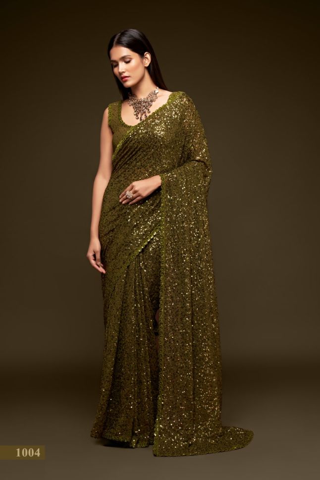 Olive Green Color Sequined Georgette Party Wear Saree - Rent