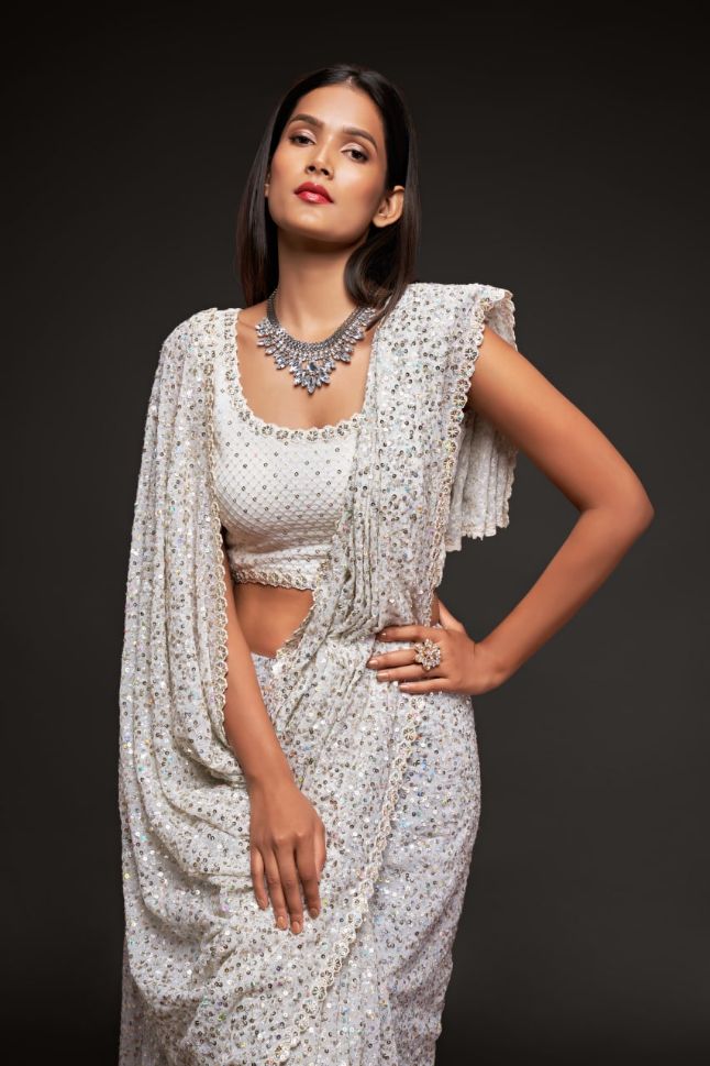 Pearl White Color Sequined Georgette Party Wear Saree - Rent