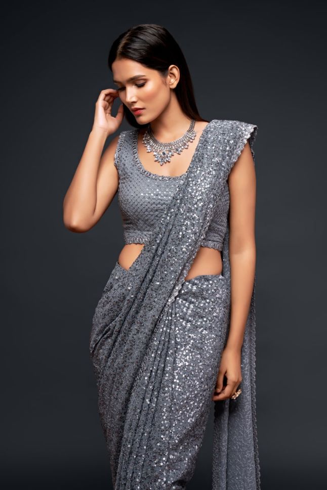 Grey Color Sequined Georgette Party Wear Saree - Rent