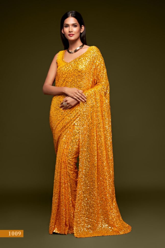 Yellow Color Sequined Georgette Party Wear Saree - Rent