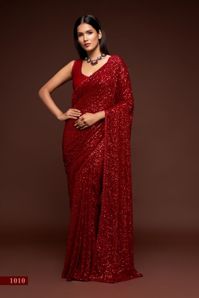 Ruby Red Color Sequined Georgette Party Wear Saree - Rent