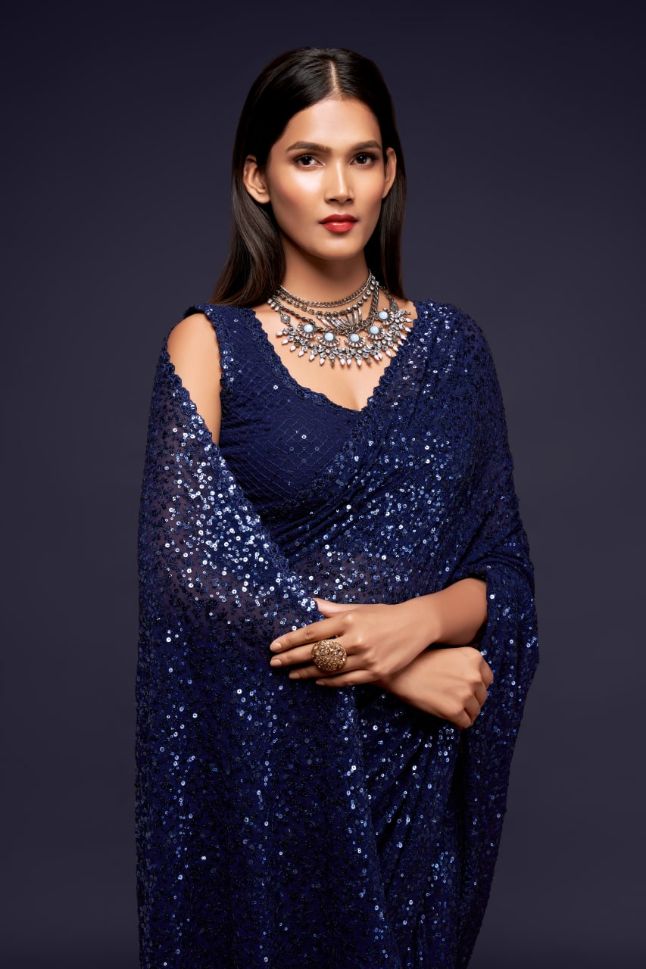 Navy Blue Color Sequined Georgette Party Wear Saree - Rent