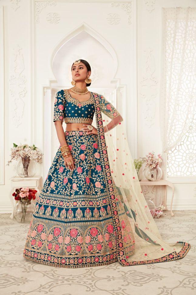 Blue Color Slub Silk Embroidery Lehenga - Rent - Glamourental