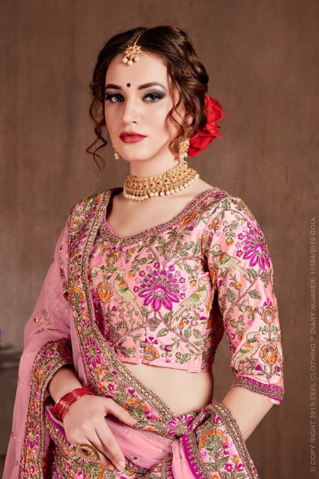 Pink Color Art Silk Sequins Embroidery Lehenga - Rent