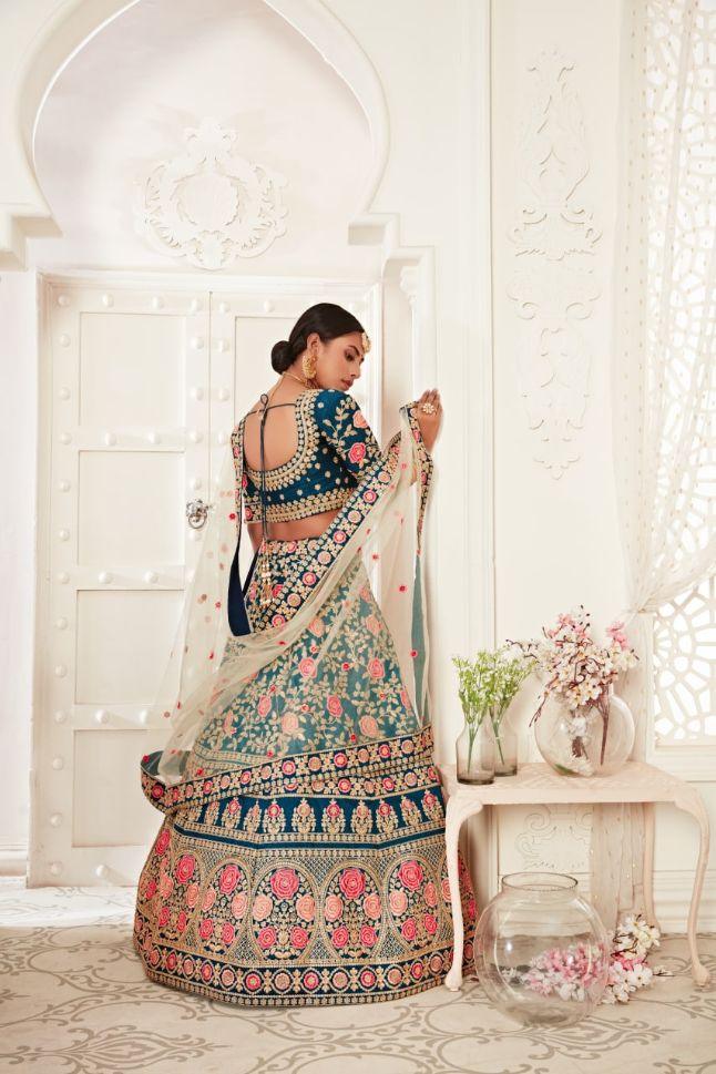 Blue Color Slub Silk Embroidery Lehenga - Rent - Glamourental