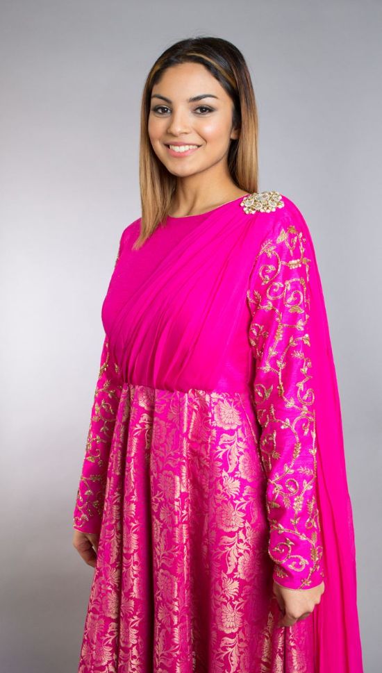 Dark Pink Color Banaras Long Anarkali Gown - Rent