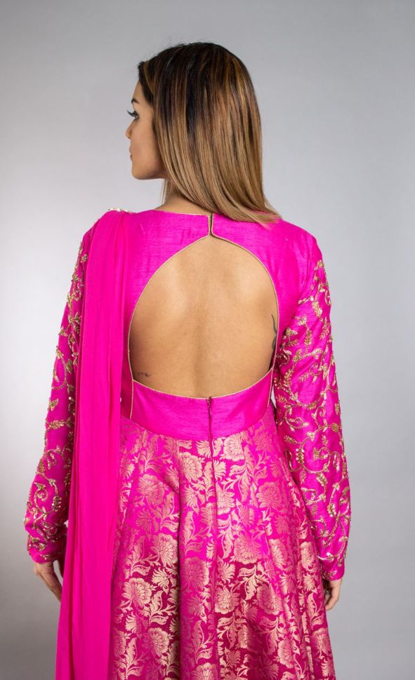 Dark Pink Color Banaras Long Anarkali Gown - Rent