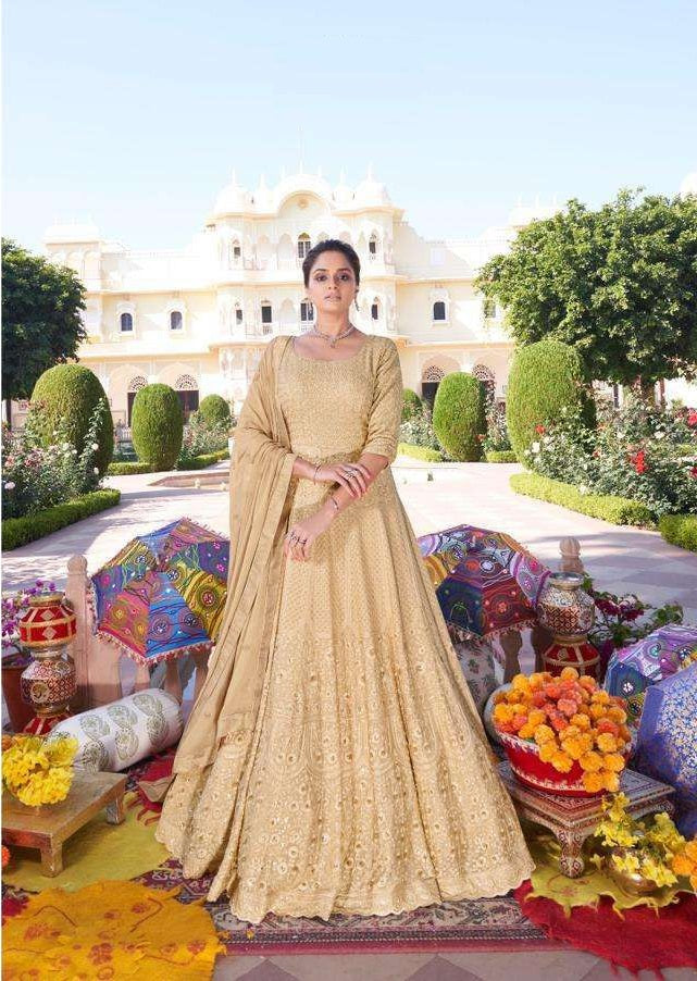 Golden colored Heavy embroidered Anarkali - Rent