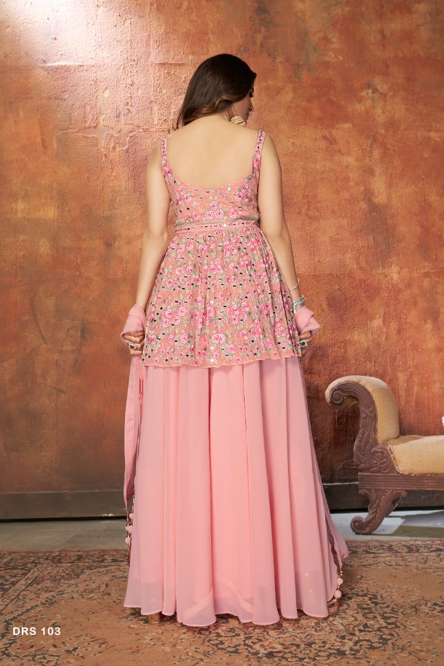 Designer Light Pink Dress With Floral Embroidery - Rent