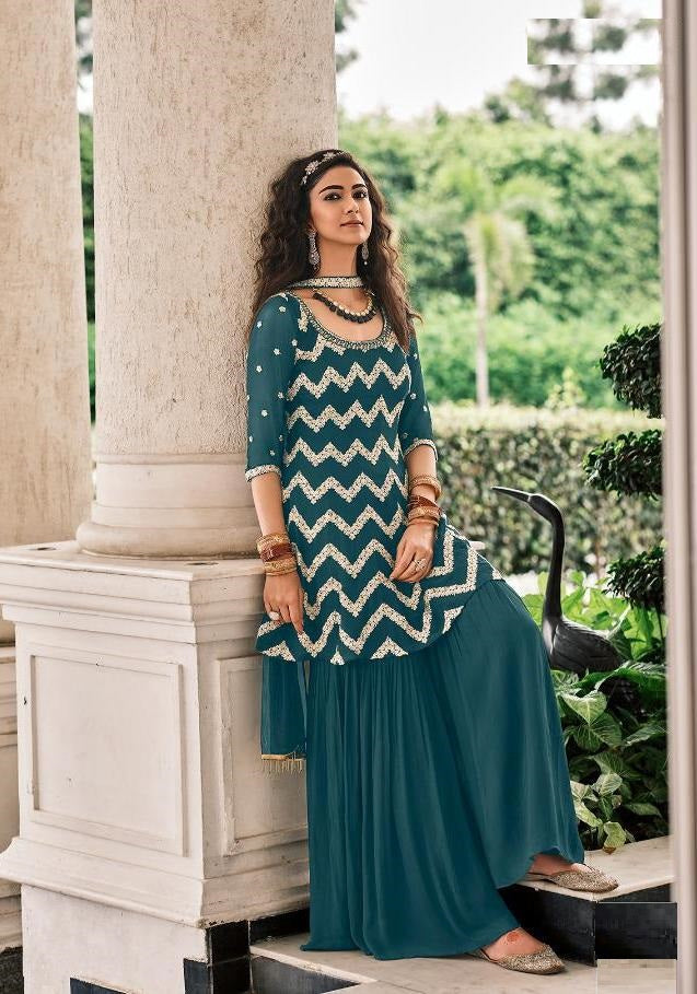 Classy and Elegant Blue Sharara Suit- Rent 7 Days / S